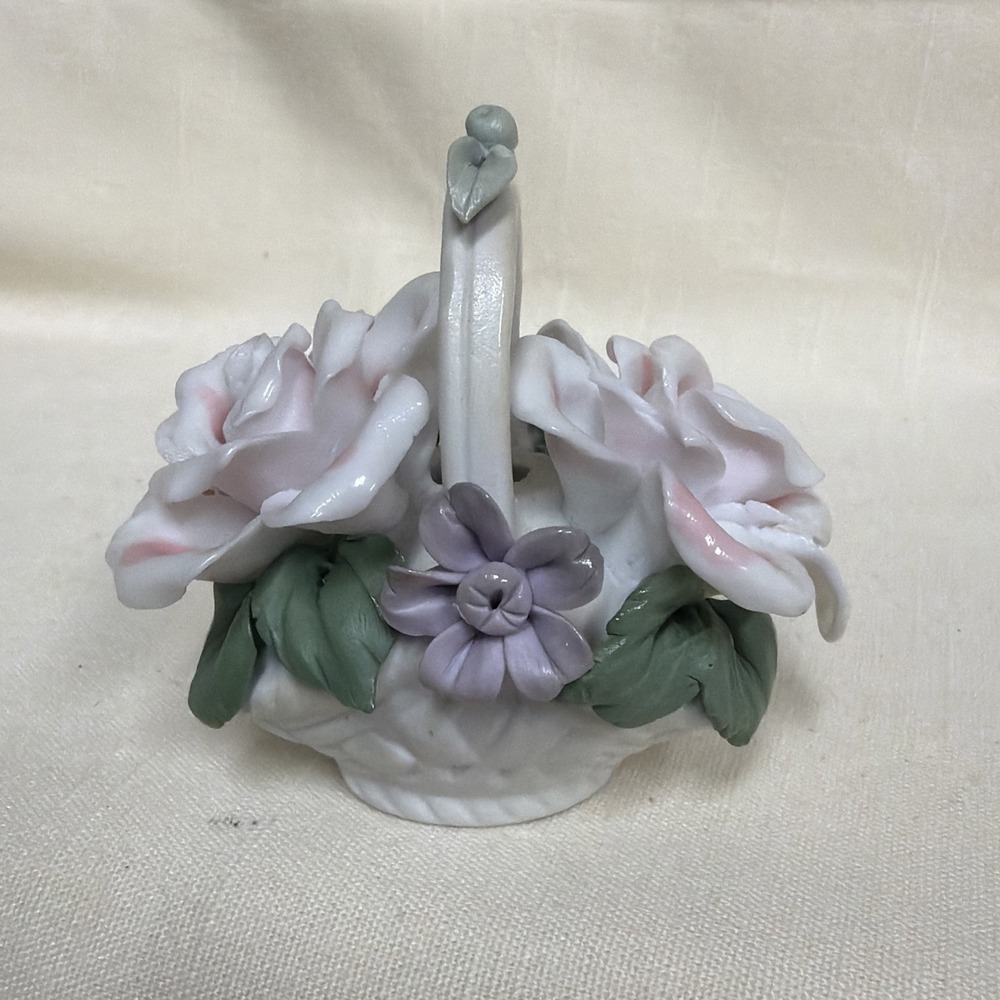 Porcelain Flower Basket – Miniature Floral Figurine Signed